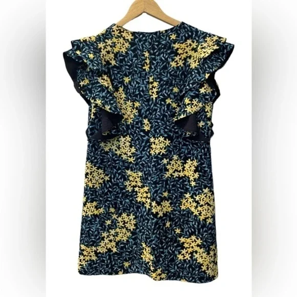 Zara Womens‎ Blue Yellow Crepe Floral Vneck Ruffle Cap Sleeve Mini Dress Medium - Picture 3 of 5